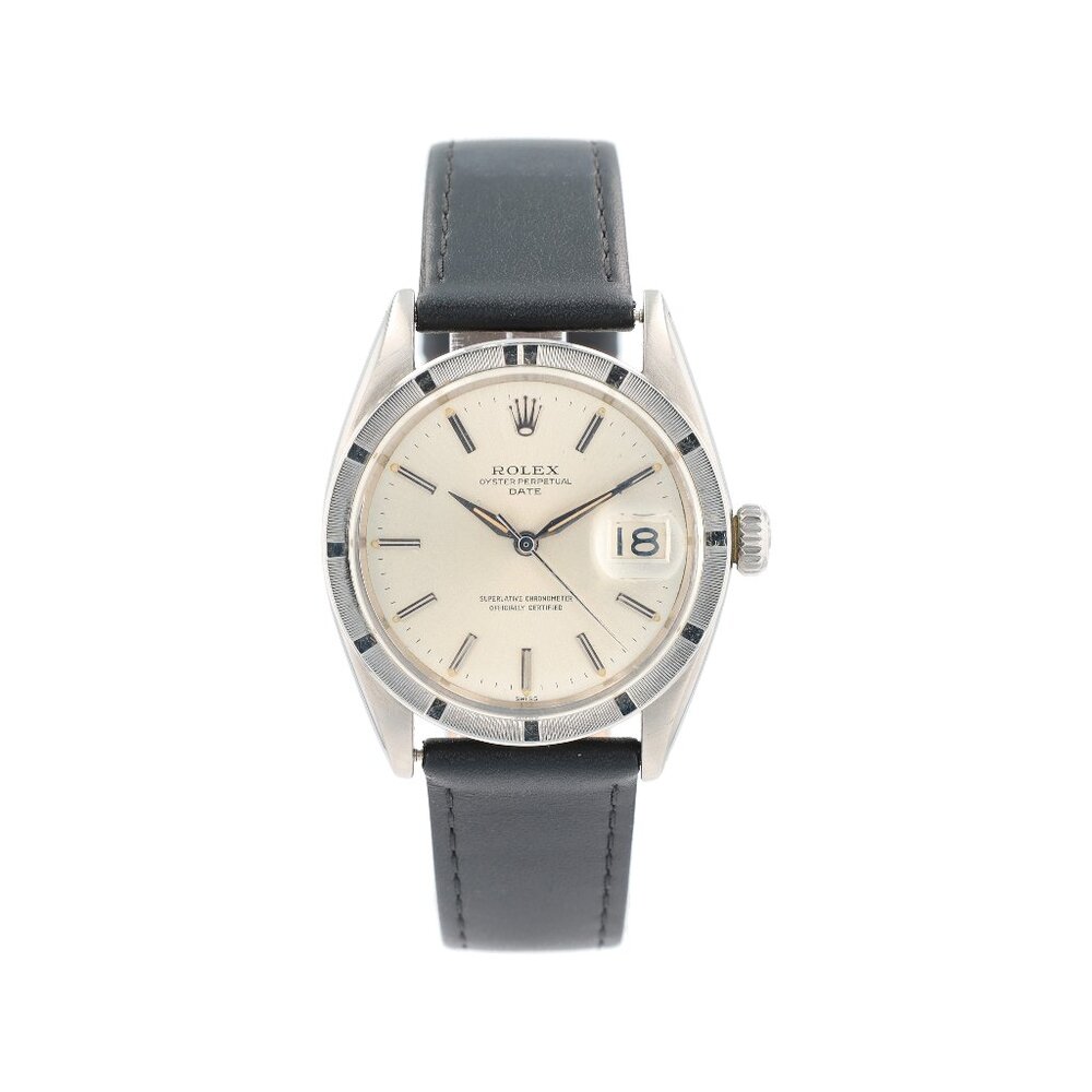 Rolex Date 1501 34mm Silver Index Dial EngineTurned Bezel Leather Band